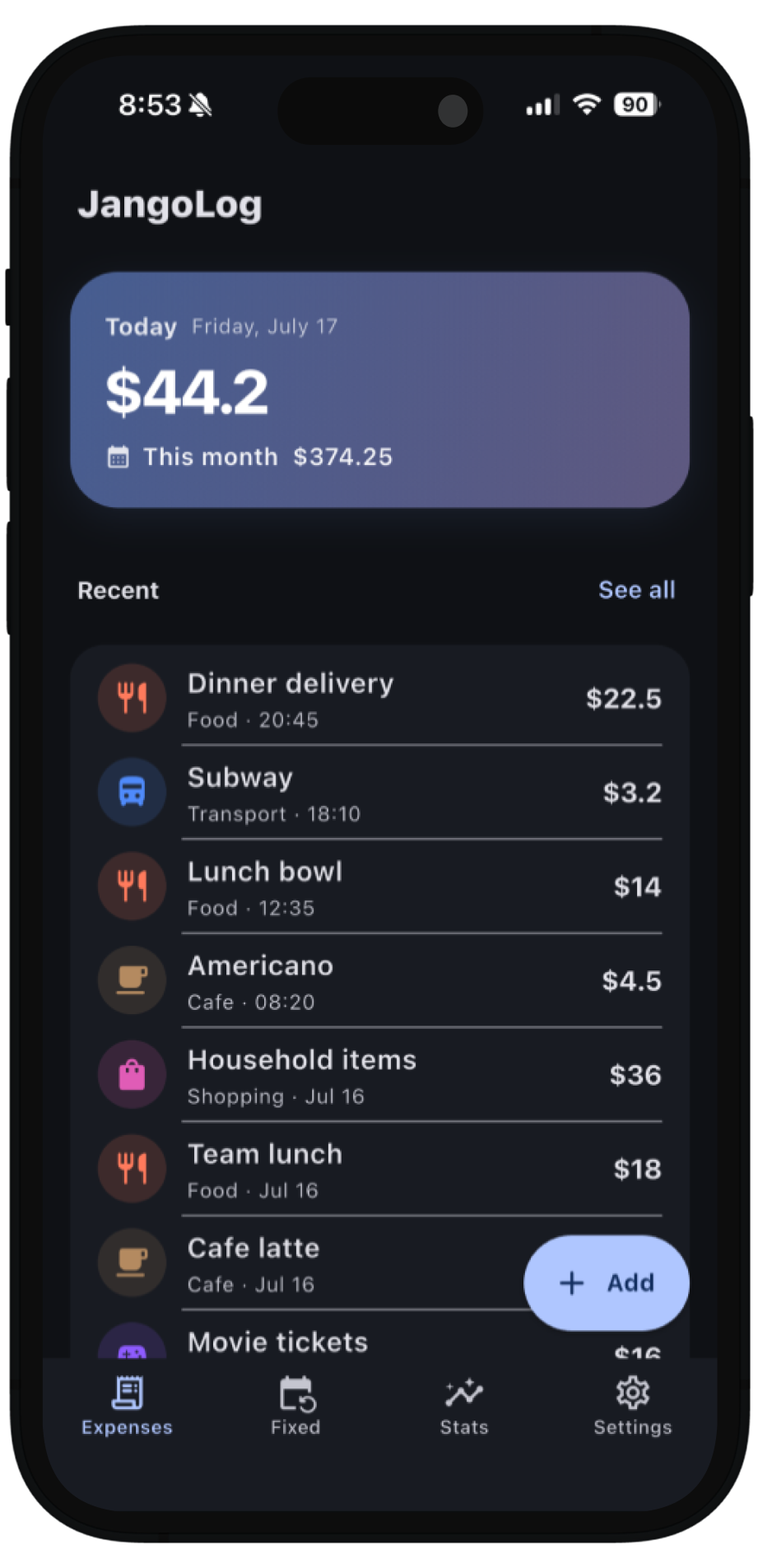 JangoLog — Screens from the app