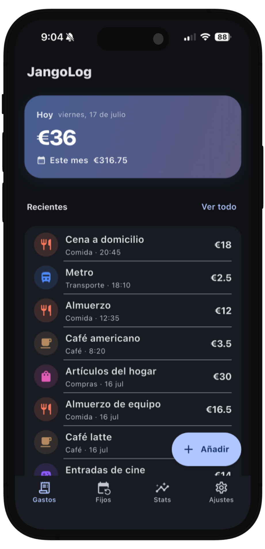 JangoLog — Pantallas de la app