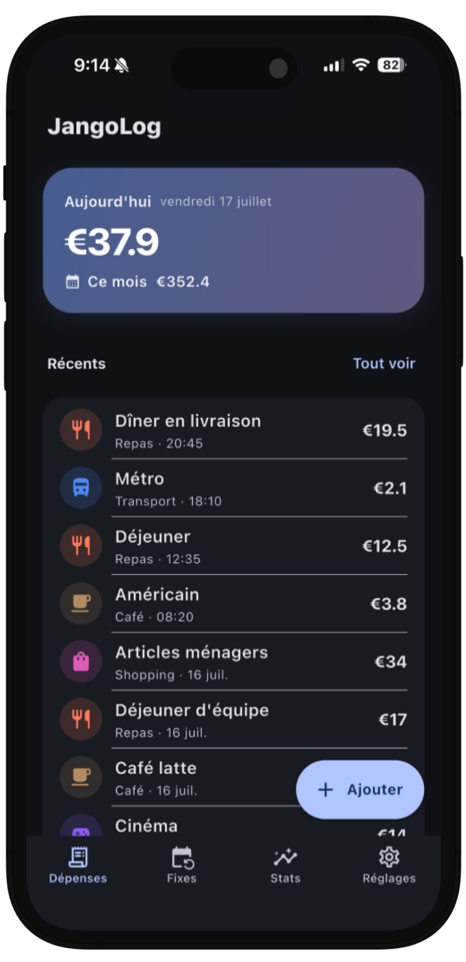 JangoLog — Aperçu de l’app